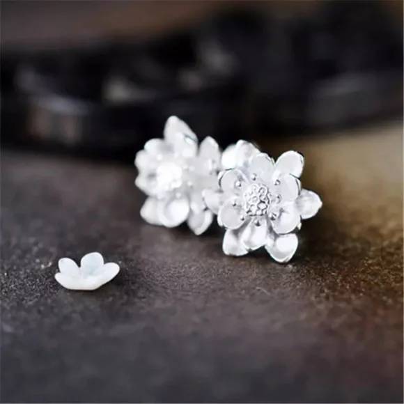 Minimalist Lotus Japanese Oriental Floral Plant 925 Sterling Silver Stud Earring - Picture 3 of 9